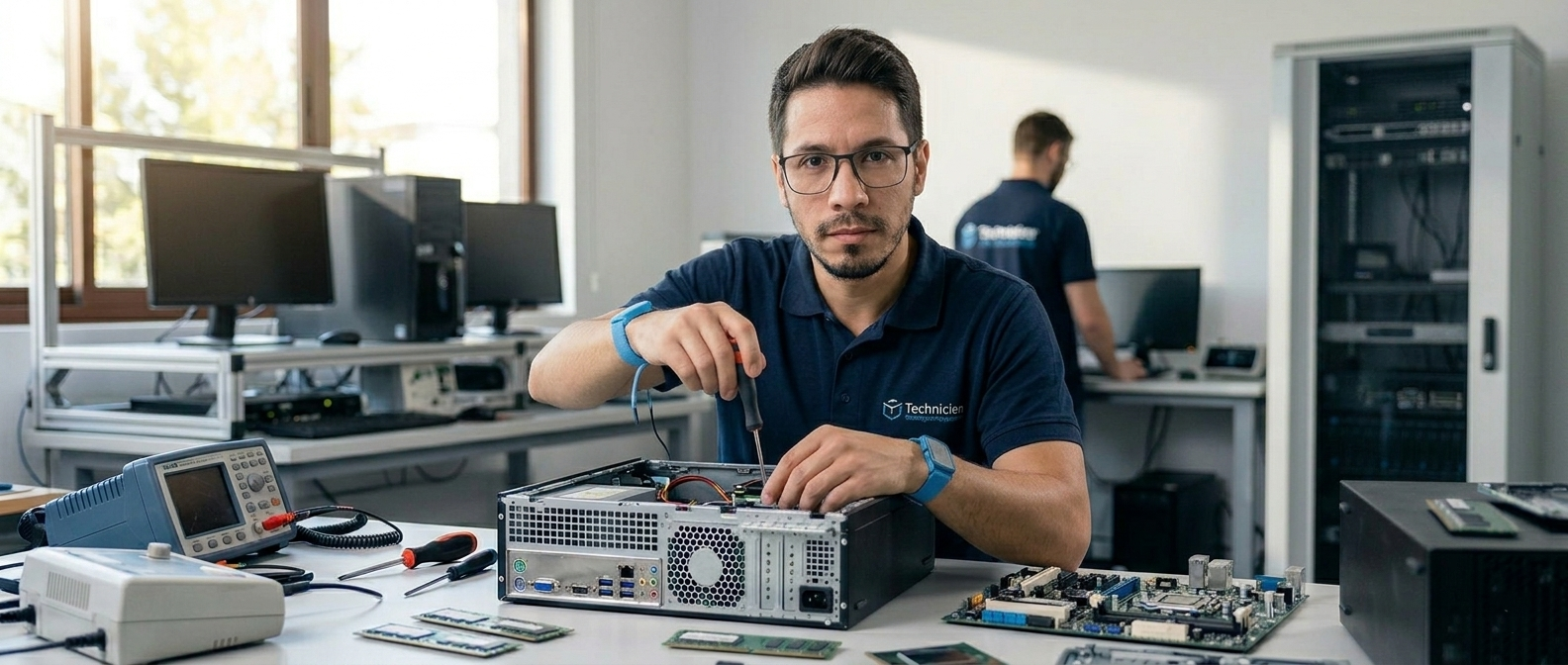 Profesional brindando soporte técnico a una computadora