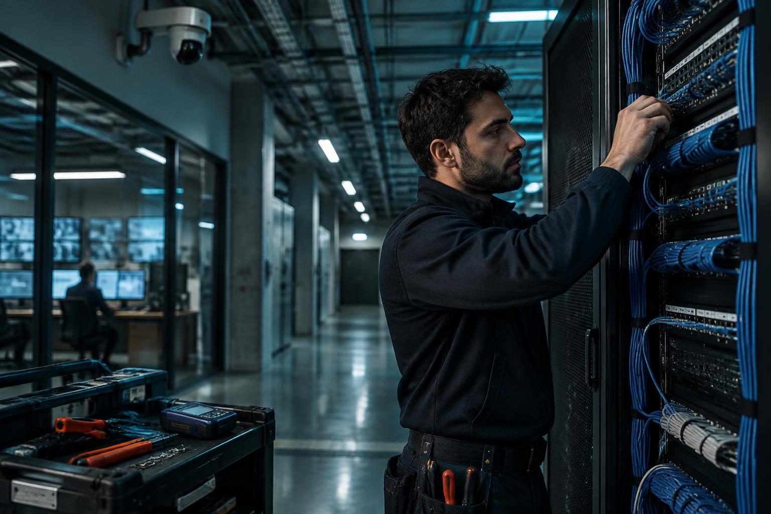 Técnico instalando redes y cámaras de videovigilancia